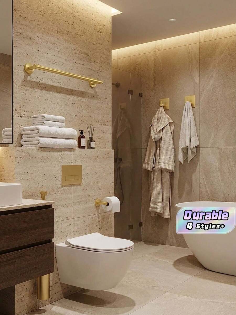1pc Stainless Steel Drill-Installed Bathroom Towel Rack, Tissue Holder, Hook, Multi-Function Storage Bar, More Stable Installation - Gold - View 1