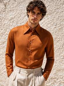 TONEVAULT Men's Solid Color Casual Versatile Daily Wear Shirt - Brown - View 1