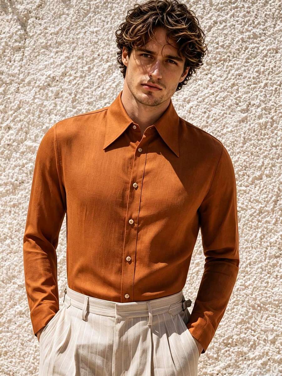 TONEVAULT Men's Solid Color Casual Versatile Daily Wear Shirt - Brown - View 1