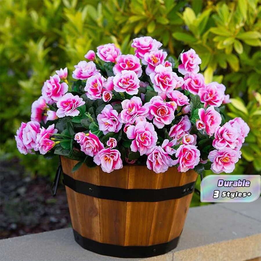 人造杜鵑花 - 7枝抗紫外線仿真杜鵑花束,不褪色絲綢花,適用於室內/室外花園、婚禮、居家裝飾 - 粉色 - 查看 1