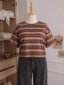 Comfortcana Yellow Solid Color Drop Shoulder Short Casual Plus Size T-Shirt - Brown - View 11