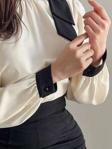 FRIFUL 女式长袖拼色系带上衣，秋装 - 杏色 - 查看 7