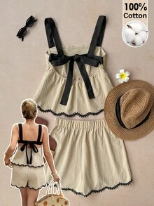 Muvela Aprikot gewebter Stoff Zweiteiler Lässig Träger-Camisole und Mini-Shorts ärmellos Farbblock Knoten-Details Damen Outfit Sommer - Aprikosenfarben - Übersicht 3