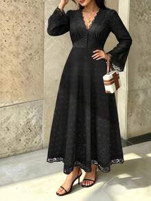 SHEIN LUNE CURVE V-Neck Flared Long Sleeve Cinched Waist A-Line Lace Trim Patchwork Design Elegant Knit Dress Fall - Black - View 3