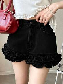 FRIFUL Celana Pendek Denim Kasual Wanita dengan Hem Bergelombang untuk Musim Panas (Jorts) - Hitam - View 2
