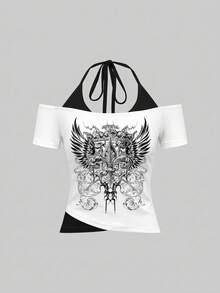 Attitoon Women's Wing Print Raglan Short Sleeve Halter Neck 2 In 1 T-Shirt - Multicolor - View 7