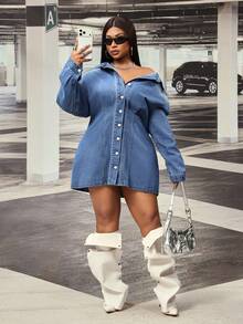 Slaydiva Plus Size Cowgirl Outfit Blue Non-Stretch Button-Front Sexy Fitted Dress For Women - Medium Wash - View 7