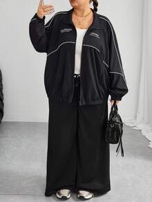 SHEIN CURVE+ Plus Size Casual Smart Contrast Trim Letter Print Jacket, 90s Style Jacket, Autumn Winter, 2026 22W - Black - View 3