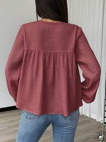 SHEIN 女款純色喇叭袖休閒波希米亞風前綁帶襯衫，適合早午餐、約會之夜，灰玫瑰色，秋季 - 棕色 - 查看 2