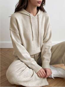 Cévolie Women's Hooded Sweater & Knitted Pants Set - Apricot - View 5