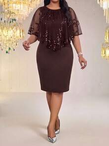 SHEIN Lady Plus Size Elegant Party Sequin Patchwork Dress - Brown - View 5