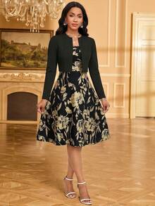 SHEIN Lady Women's Solid Color Long Sleeve Open Front Jacket And Jacquard Dress Elegant 2-Piece Set - Black - View 6