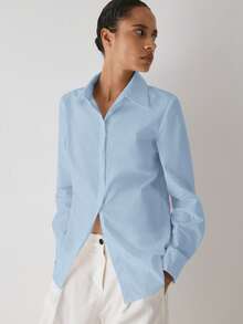 YARNWELL Women's Summer Casual Everyday Outing Single-Breasted Solid Color Shirt - Blue - View 5