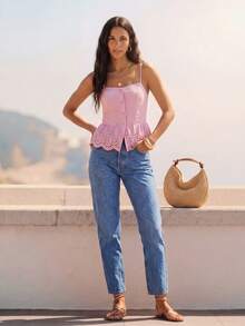 CAJUNI Women's Sweet Vacation Button Embroidered Hollow Out Camisole - Pink - View 6