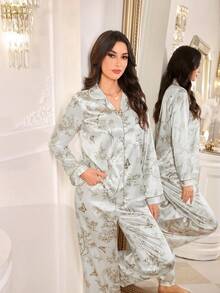 LuxeNights Satin Butterfly Print Lapel Pajama Set, Classic Trim Design, Minimalist Comfortable Loungewear - White - View 5