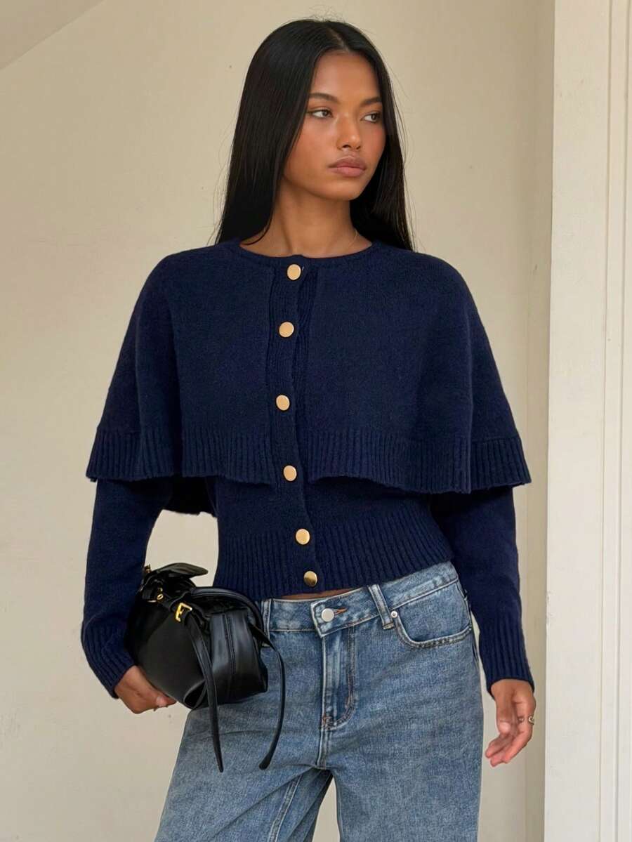 SHEIN BAE 女款海軍藍鈕扣二合一開襟衫 教師節辦公室早午餐秋季優雅法式風 - 藏蓝色 - 查看 1