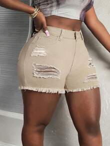 Slaydiva Plus Size Women Pockets Distressed Raw Hem Casual Denim Shorts - Khaki - View 7