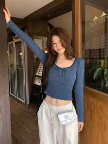 DAZY 女款前綁帶設計長袖修身短版T恤 秋季 - 藍色 - 查看 9