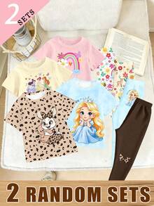 Elladie kids (Random Pattern, 2 Set Random) Girls Fashion Colorful Floral Rainbow Leopard Print Little Rabbit Long Hair Princess Graphic Print Basic Short T-Shirt And Leggings Set, 6 Pieces - Multicolor - View 3