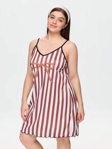 Bonmuse Plus Size Women's Nightgown, Sweet Pink Bow Print, Spaghetti Strap Short Dress, Casual Loose Comfortable, Suitable For Summer - Mocha Brown - View 6