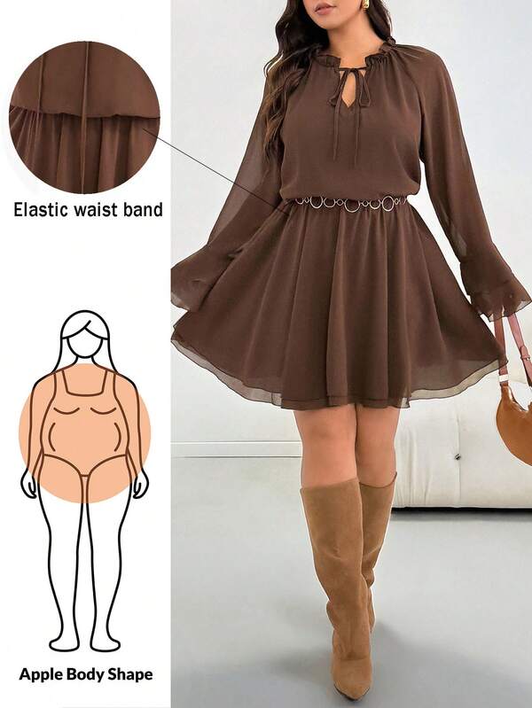 Shapeblank Plus Size Women's Spring/Autumn Fashion Casual Loose Comfortable Daily Basic Versatile Slimming Chiffon Cinched Waist Brown Long Sleeve Short Dress, Autumn Clothing, Brown Dress, Minimalist Style, Elegant Dress