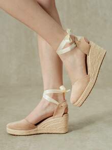 Styleloop Women's Shoes, Brown, Woven Hemp Rope Straw Shoes, Wedge Heel Platform Sandals, Height-Enhancing Holiday Bohemian Wear - Apricot - View 7