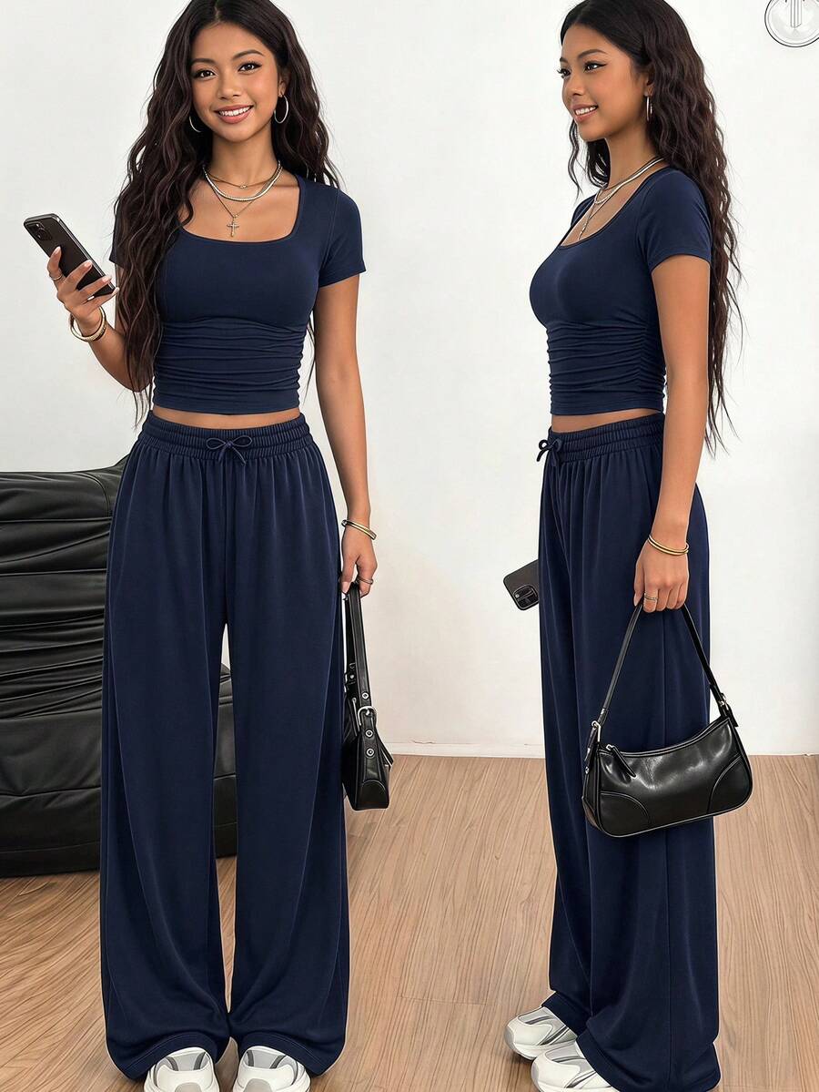 SHEIN Teen Girls T-Shirt Co-Ords Casual Minimalist Navy Square Neck Ruched Waist Short Sleeve T-Shirt Loose Long Pants Set - Navy Blue - View 1