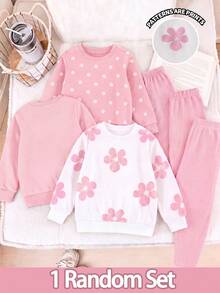 Playful Pals YoungGirl 2pcs Set Sweet Cute Girl 3D Floral Print Long Sleeve Sweatshirt With Pink Ribbed Long Pants, Casual Minimalist Daily Wear For Autumn/Winter - Multicolor - View 2