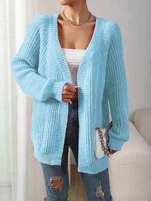 SHEIN LUNE 女款素色休閒百搭日常穿搭開襟衫 - 藍色 - 查看 4