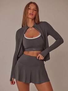Aralina Leisurewear Zip Front Long Sleeve Top And High Waist Biker Shorts Two Pieces Set - Chocolate Brown - View 4