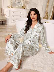 LuxeNights Satin Butterfly Print Lapel Pajama Set, Classic Trim Design, Minimalist Comfortable Loungewear - White - View 3
