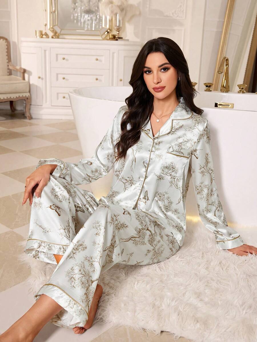 LuxeNights Satin Butterfly Print Lapel Pajama Set, Classic Trim Design, Minimalist Comfortable Loungewear - White - View 1