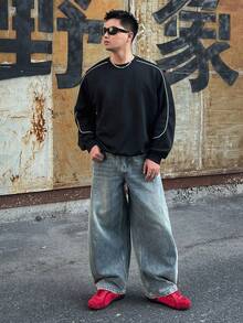 DAZY Spring/Autumn Blue Washed Denim Distressed Yellow Curved Pocket Loose Fit Streetwear Men's Jeans - Blue - View 3