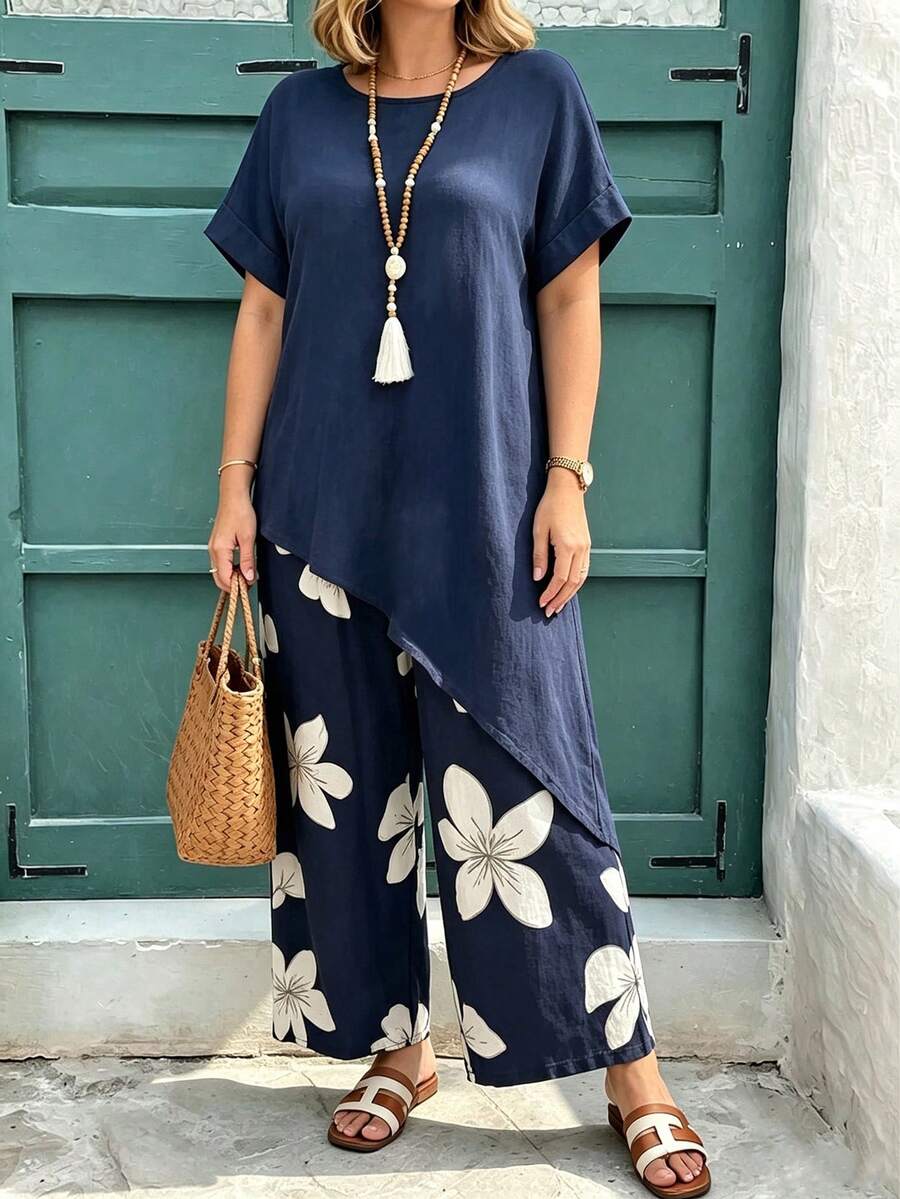 Breezaya Plus Size Women Solid Color Asymmetrical Hem Short Sleeve Shirt And Floral Print Pants 2-Piece Set - Multicolor - View 1