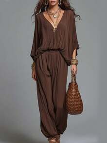 SHEIN Jumpsuit Fashion Wanita Minimalis Warna Polos dengan Leher V Dalam dan Lengan Kelelawar - Coffee Brown - View 1