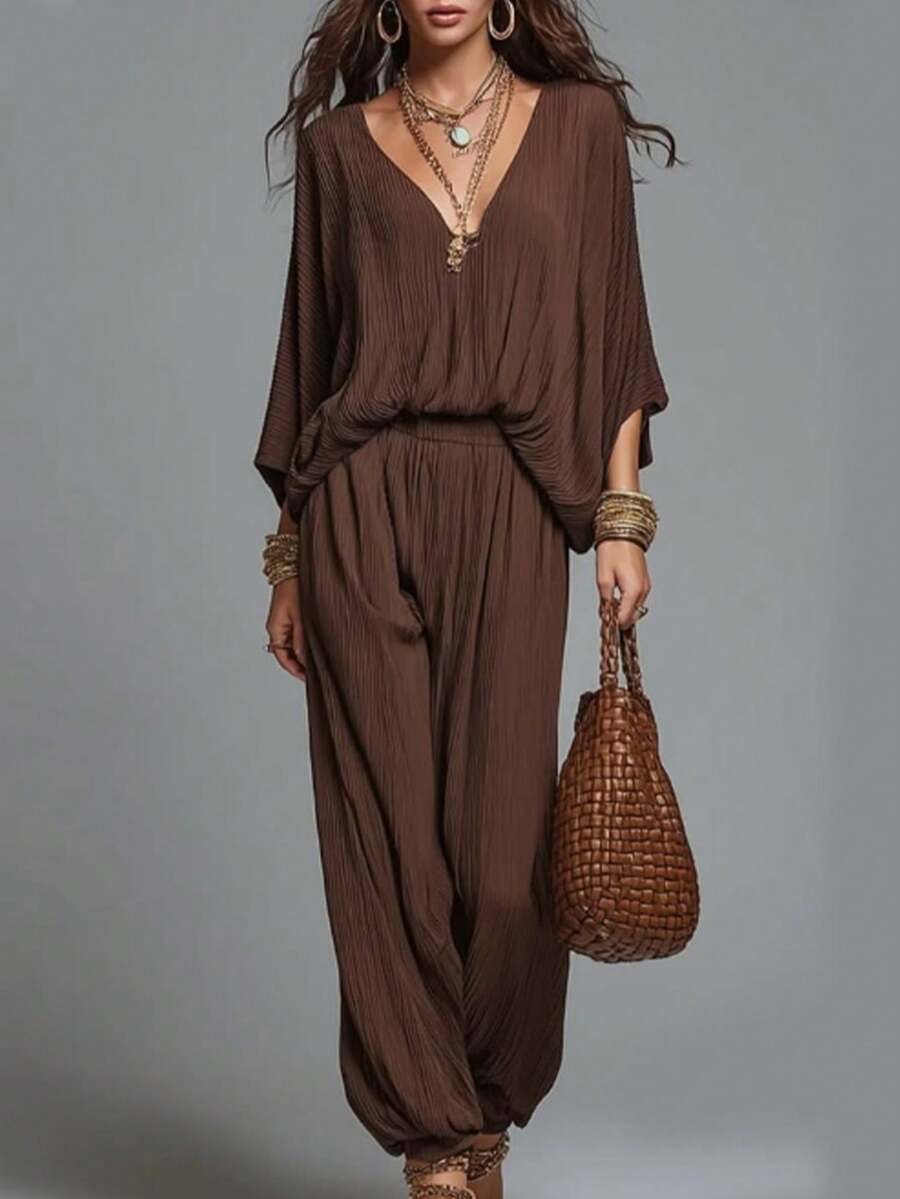 SHEIN Jumpsuit Fashion Wanita Minimalis Warna Polos dengan Leher V Dalam dan Lengan Kelelawar - Coffee Brown - View 1