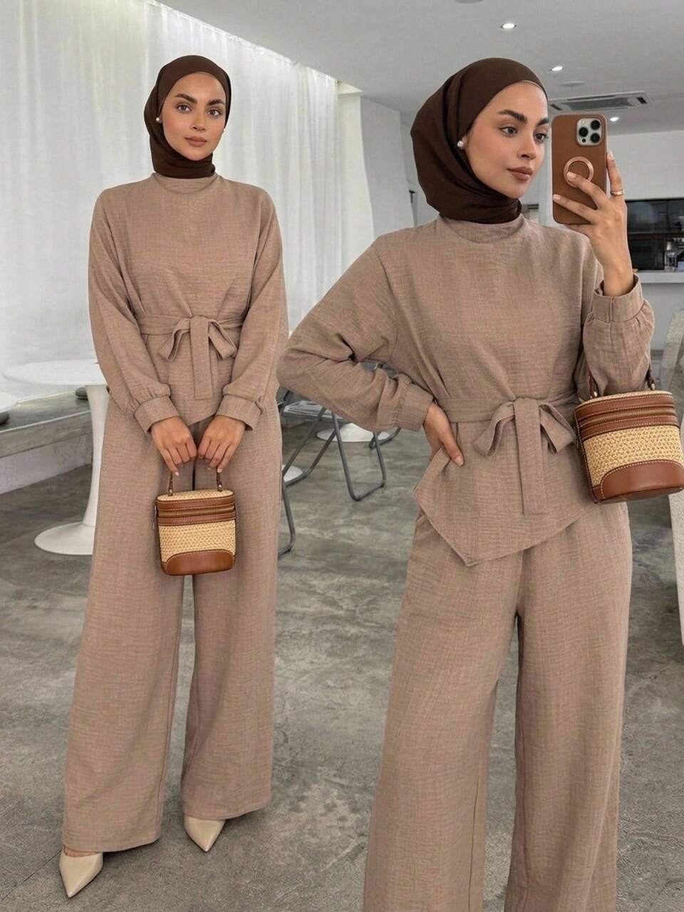 Women's 2pcs Casual Set, New Autumn/Winter Semi-High Neck Long Sleeve Tie Waist Blouse And Loose Wide Leg Pants