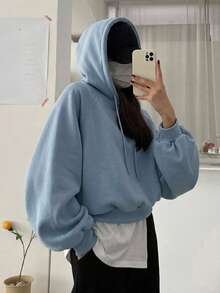 DAZY Women's Solid Color Hooded Oversized Short Sweatshirt - Blue - View 5