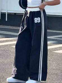 SHEIN 少女蓝白印花腰撞色宽松休闲度假阔腿裤，春夏季 - 藍白色 - 查看 3