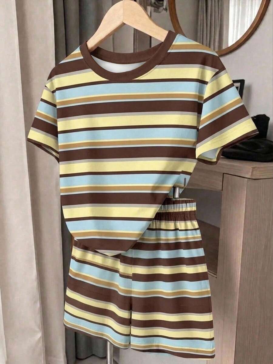 Tween Girl Casual Minimalist Short Sleeve & Shorts 2 Pieces Set, Suitable For Summer - Multicolor - View 1