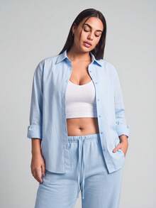 YARNWELL Plus Size Women's Solid Color Long Sleeve Casual Shirt, Summer Outing , Vacation Wear Fall - Blue - View 7