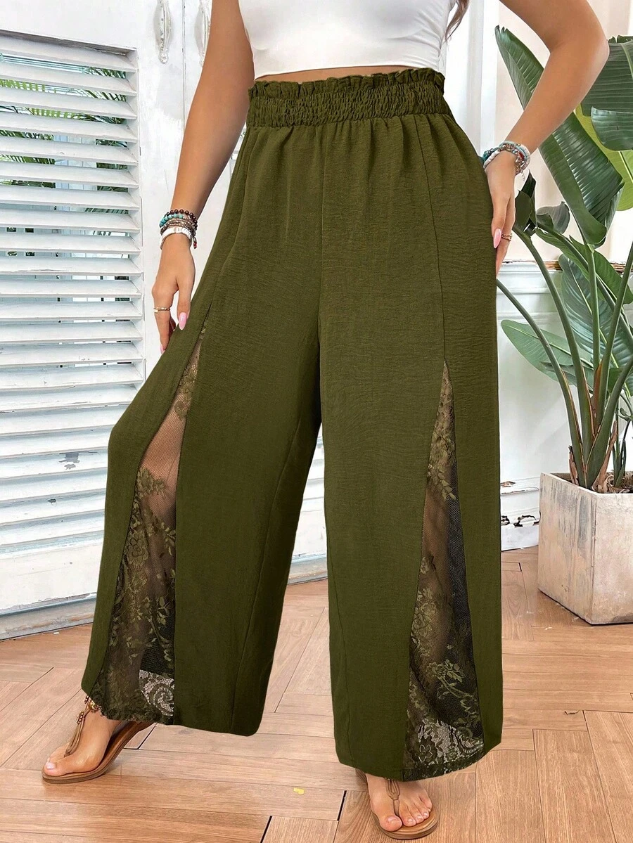 SHEIN VCAY Plus Size Solid Color Elastic Waist Elegant Lace Patchwork Pants - Olive Green - View 1