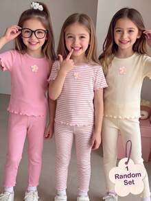 Elladie kids [1 Conjunto Aleatório] 2 Peças/Conjunto Camiseta e Legging Listrada Floral Doce para Meninas, Camiseta de Manga Curta com Babado Floral 3D Listrada e Cor Sólida & Legging com Babado, Estilo Macio, Fashion, Doce, Fofo e Versátil - Rosa chiclete - Visão 1