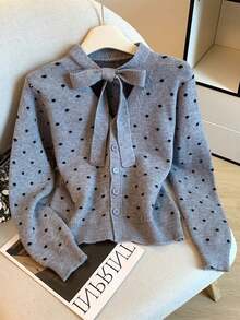 Muvela Women's Polka Dot Collar Tie Front Cardigan,Fall/Winter ,Formal ,Business ,Chic ,Back To School,Christmas,New Year ,Going Out - Multicolor - View 1