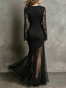 SHEIN Latest Women's Lace Mesh Patchwork Deep V-Neck Mermaid Dress, Made Of High Elasticity Slimming Fabric, V-Neck And Long Sleeves With Exquisite Lace Patchwork, Side Waist Ruched Design To Outline Body Curves, Hemline With See-Through Mesh Patchwork For Mermaid Effect, Creates A Sophisticated Atmosphere, Suitable For Dates, Parties, Evening Events And More - Black - View 5