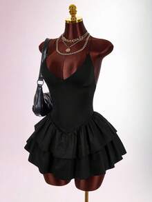 Amplova Women's Solid Color Ruffle Hem Sexy Spaghetti Strap Mini Dress - Brown - View 3