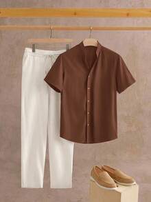EASEVO Men's Plus Size Solid Color Short Sleeve Shirt And Pants Casual Set - Multicolor - View 2
