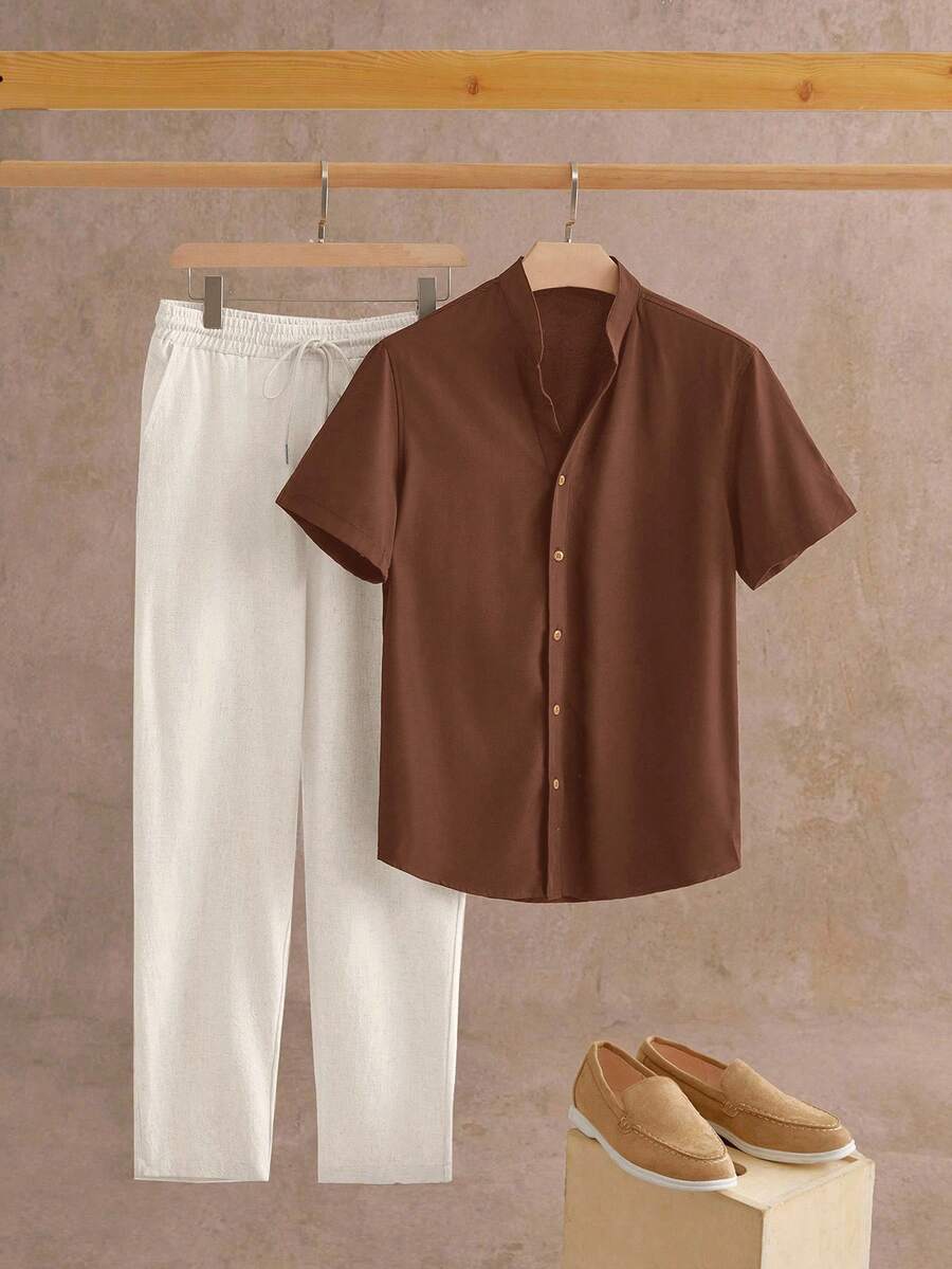 EASEVO Men's Plus Size Solid Color Short Sleeve Shirt And Pants Casual Set - Multicolor - View 1