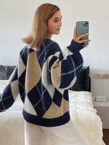 DAZY 女款秋冬圓領格紋套頭休閒毛衣 - 寶藍色 - 查看 5
