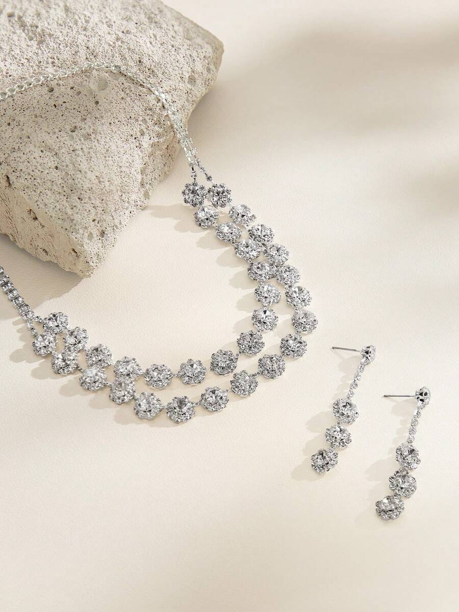 Opalesca 2 Miếng Lung linh Rhinestone đầy đủ Tiệc cưới Cô dâu Bộ trang sức Đối với phụ nữ - Bạc - Xem 1